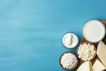 Obraz na płótnie Canvas Fresh dairy products on blue background