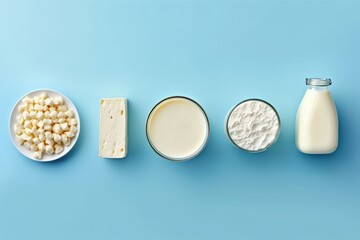 Fresh dairy products on blue background