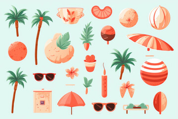 summer illustration set of icons and frames vector png - obrazy, fototapety, plakaty