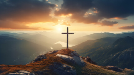 Creative religion concept. Cross at top of hill mountain