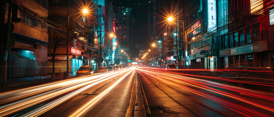 Experience the pulse of city life through a mesmerizing time lapse showcasing the dynamic flow of urban traffic under the dazzling city lights. Ai generated