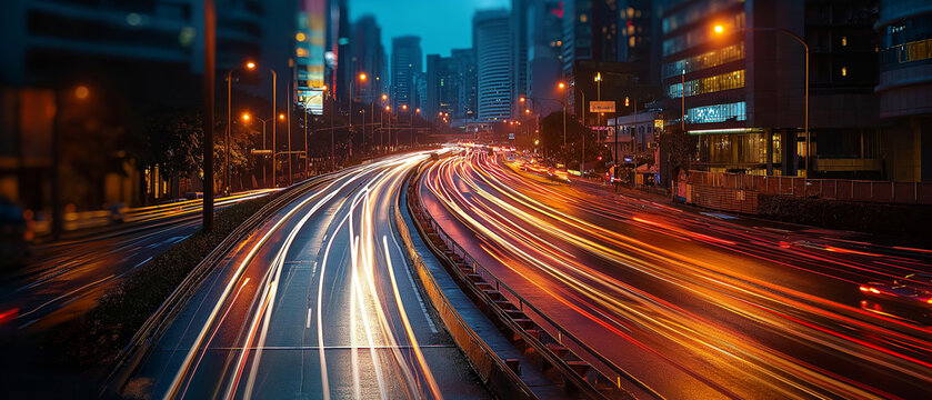 Experience the pulse of city life through a mesmerizing time lapse showcasing the dynamic flow of urban traffic under the dazzling city lights. Ai generated
