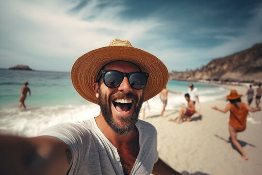 man on the beach wearing hat and sunglasses taking photos
