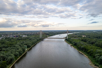 Captured by drone, the aerial view of the Vistula River in Warsaw reveals the majestic...