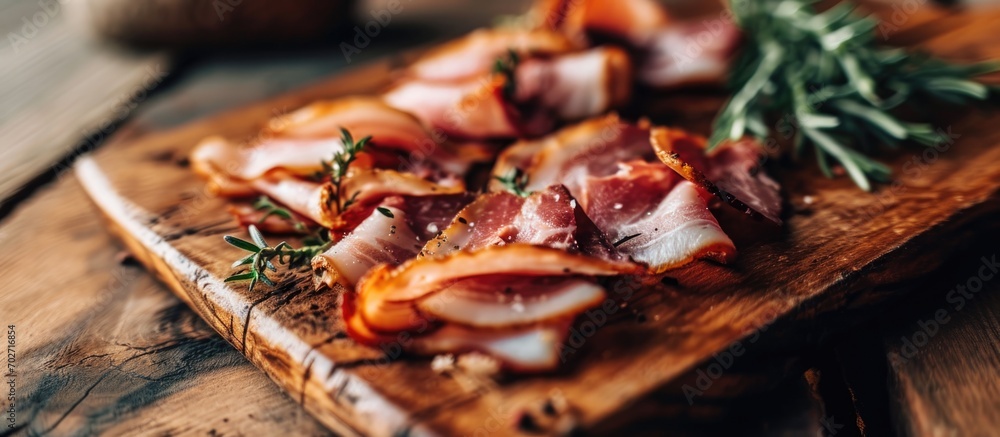 Sticker Pieces of sliced smoked pork bacon arranged on a wooden board.