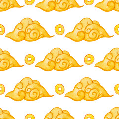 Watercolor pattern, golden clouds, coins on white background. For various products for Chinese New Year, wrapping etc.