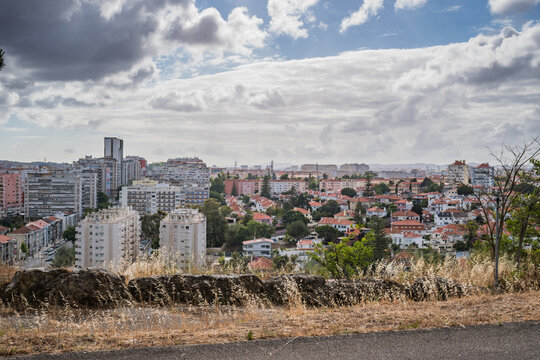 Wall and dried herbs overlooking the architecture of the Alvalade district in cloudy day, Lisbon PORTUGAL