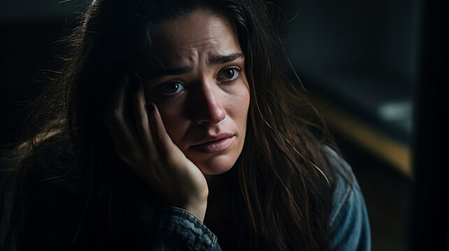 Detailed shot of a woman with wet hair, sad and scared.