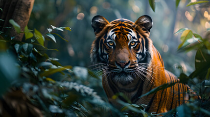 A powerful image capturing the grace and stealth of a majestic tiger stalking its prey through dense foliage, showcasing the untamed beauty of jungle life.