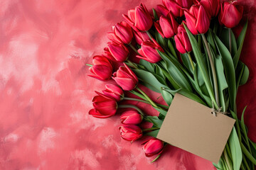 Elegant arrangement of fresh red tulips attached to a kraft paper card on a textured red background
