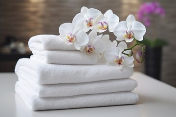 Obraz na płótnie Canvas Stack of white folded towels with flowers
