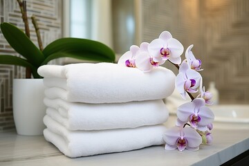 Stack of white folded towels with flowers