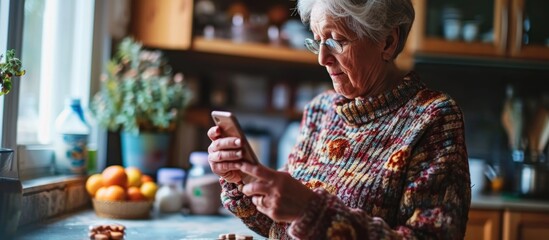 Senior woman uses smartphone to check recipe while holding a pill. - obrazy, fototapety, plakaty