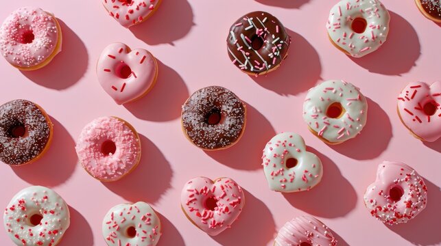 A delightful display of various decorated donuts positioned neatly on a pink background with a modern look