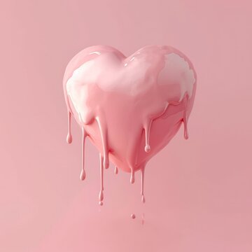 Symbolic glossy heart with a visually compelling paint drip effect on a pastel pink surface