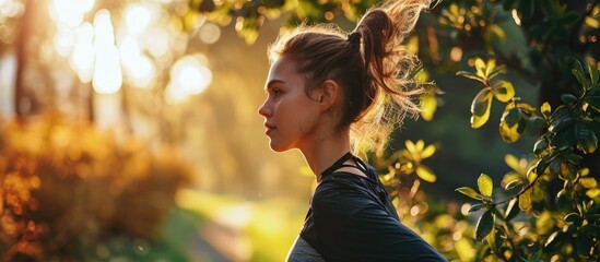 Young woman exercising outdoors in the morning with music, aiming to burn calories and shed weight. - obrazy, fototapety, plakaty