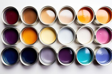 Metal cans with colorful paints on white background