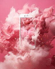 A white smartphone surrounded by vivid pink smoke creating an ethereal effect on a monochromatic pink background