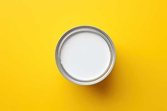 Metal paint can with white paint on yellow background