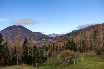 Vista panoramica su parte del territorio montano sloveno vicino a Cerkno, durante una giornata...