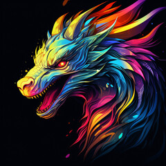 Dragon in abstract graphic highlighters lines rainbow