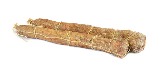 Cured Salami Sausage on White Background, Delicious Whole Sausage