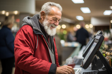 portrait of an elderly man in a supermarket at the self-service checkout - obrazy, fototapety, plakaty