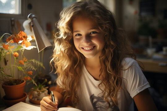 Portrait Of A Girl Doing Homework At Home