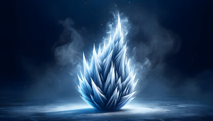 Frozen flame, a stunning visual metaphor for extreme cold. The flame, sculpted from ice, showcases sharp, crystal edges and a mesmerizing bluish-white hue. - obrazy, fototapety, plakaty