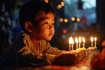 A young boy's face glows with excitement as he carefully blows out the candles on his birthday cake, surrounded by flickering wax and the warm glow of indoor lighting