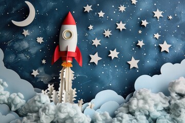 A miniature snow-covered rocket blasts off into a whimsical winter sky, propelled by the power of imagination and built with colorful lego bricks - obrazy, fototapety, plakaty