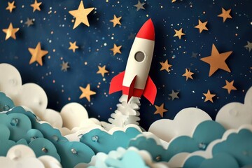 A rocket-shaped paper cutout serves as a playful toy on top of a birthday cake, with a snowman in the background adding to the whimsical atmosphere