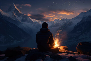Group of people sitting around a campfire in the snow with a view of a snow-covered mountain range. - obrazy, fototapety, plakaty