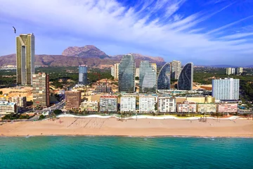 Poster Benidorm city of Costa Blanca, Spain. Aerial drone panoramic high angle view, coastal cityscape panorama © Freesurf