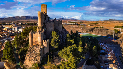 Most impressive medieval castles and towns  of Spain,  Castile-La Mancha provice - Almansa, panoramic high angle view - 702718652