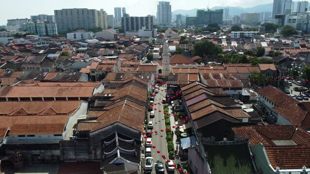 Aerial view of Lebuh Aceh Mosque, built in 19th century by the Acehnese in George Town, Penang, Malaysia.