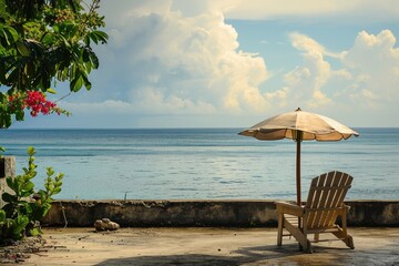 A lone chair and umbrella stand on a serene beach, inviting one to sit and bask in the beauty of the cloud-filled sky and tranquil waters