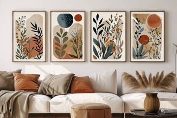 A stunning display of artistry adorns the wall, with paintings and wall stickers blending seamlessly with the elegant furniture, picture frames, and vases, creating a cozy and inviting interior desig