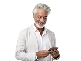 medium shot of mature man with a cell phone  white 
 background, PNG, overlay, transparent background