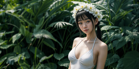 Young Asian woman with black hair bangs and a white flower headband standing in front of tropical island jungle vegetation, wearing a white bikini in contrast to the green leaves background.
