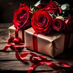 Couquet of red roses and gift with ribbons on wooden table, close up. Valentine's Day celebration