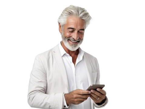 medium shot of mature man with a cell phone  white 
 background, PNG, overlay, transparent background
