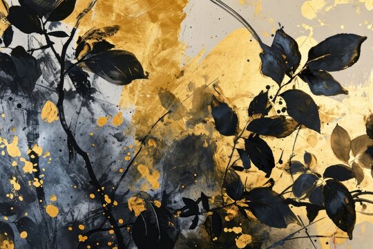 A mesmerizing autumnal masterpiece, depicting the beauty of nature through a striking blend of black and gold, with a lone leaf representing the cycle of life and growth