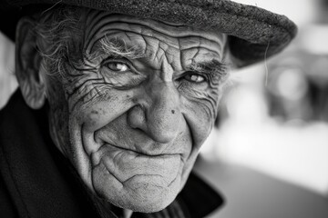 A weathered senior citizen stares into the camera, his lined face framed by a worn black hat, conveying a sense of wisdom and resilience