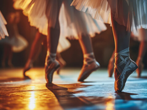 Ballet dancers and ballerinas performing ballet practice in art studio and standing in pointe shoes