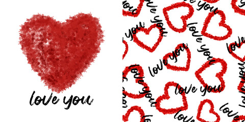 Set of Love you text for Valentines Day with Heart background Seamless Pattern