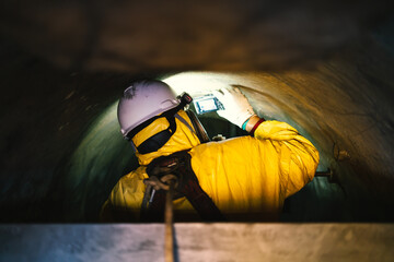 A high-pressure tank inspector enters a confined space in a petroleum chemical protective suit.