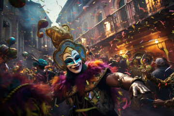 Vibrant Mardi Gras parade in a lively city