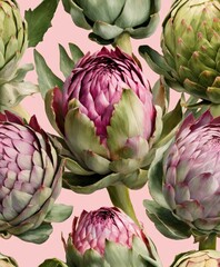 Green and pink colorful artichokes texture on a pink background. Plants flat lay. Top view gardening, horticulture theme. Wide screen wallpaper. Panoramic web banner with copy space for design.