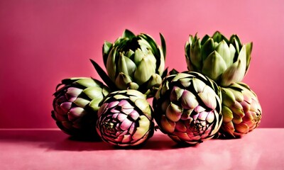 Green and pink colorful artichokes texture on a pink background. Plants flat lay. Top view gardening, horticulture theme. Wide screen wallpaper. Panoramic web banner with copy space for design.
